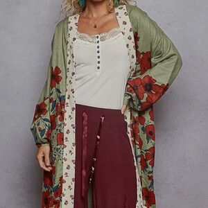 203 - POL Boho Floral Print Double Gauze Green and Red Hooded Cardigan Duster